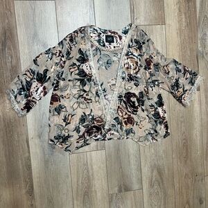 W5 Floral Sheer Lace Velvet Kimono Cardigan Top - Cream and Brown Large
